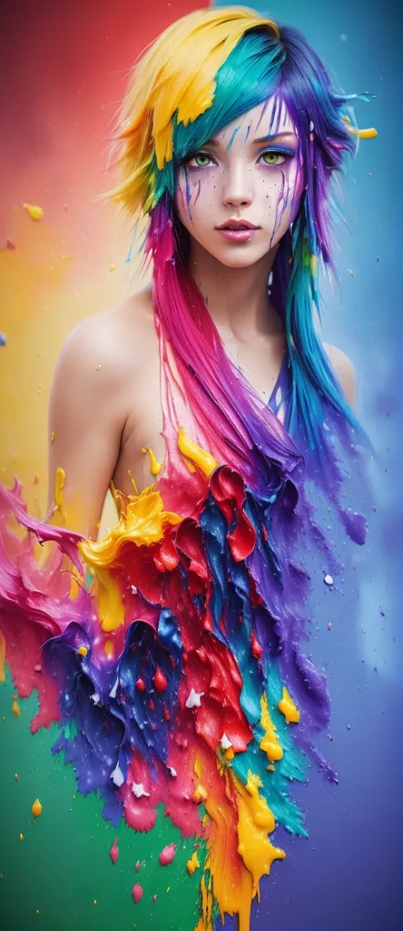 The image is a portrait of a young woman. She has long, flowing hair that is a rainbow of colors. Her skin is pale and flawless. She is wearing a strapless dress. The dress is covered in colorful paint. The paint is dripping down her body. She has a serene expression on her face. She is standing in front of a blue background.