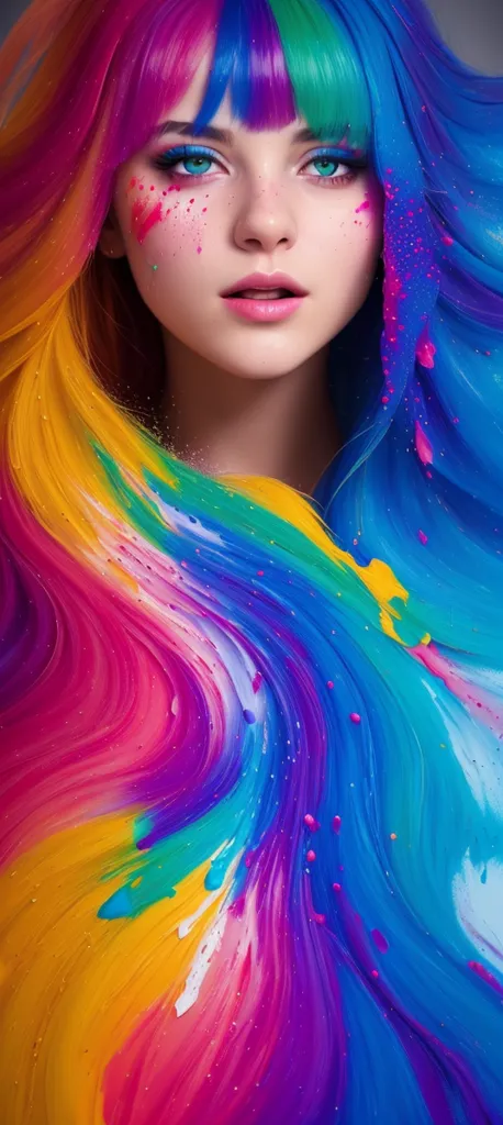 The image is a portrait of a young woman with long, flowing hair. The hair is a rainbow of colors, with streaks of red, orange, yellow, green, blue, and purple. The woman's eyes are blue and her lips are slightly parted. She is wearing a white dress with a low neckline. The background is a light gray. The image is soft and ethereal, and the woman's expression is one of peace and serenity.