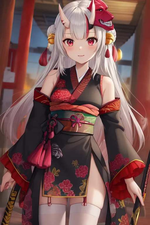 The image depicts a young woman with long white hair and red eyes. She is wearing a black and red kimono with a white obi sash and a red haori with a floral pattern. She also has a pair of red horns on her head and a red oni mask on the back of her head. She is standing in a traditional Japanese shrine with red torii gates and a long flight of stairs leading up to a temple.