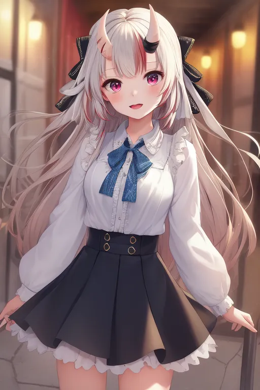 L'image montre une fille de style anime aux cheveux blancs et roses, aux yeux violets et aux petites cornes sur la tête. Elle porte une blouse blanche avec un ruban bleu, une jupe noire et des bottes blanches. Elle se tient dans un couloir ou un corridor et a l'air heureuse.