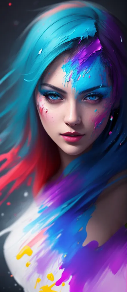 A imagem é um retrato de uma jovem mulher com cabelos azuis e olhos azuis. Ela está usando um vestido branco com um padrão colorido. O fundo é azul escuro. O cabelo da mulher está soprando ao vento e ela tem uma expressão séria no rosto.