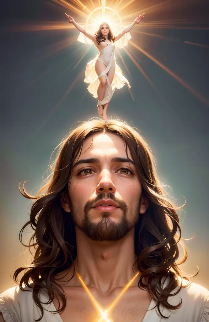 The image shows a man with long brown hair and a beard. He is looking up at a woman who is standing on his head. The woman is wearing a white dress and has her arms outstretched. She is surrounded by a bright light. The man is wearing a white shirt and has a gold necklace on. He has a serene expression on his face. The background is a dark blue color.