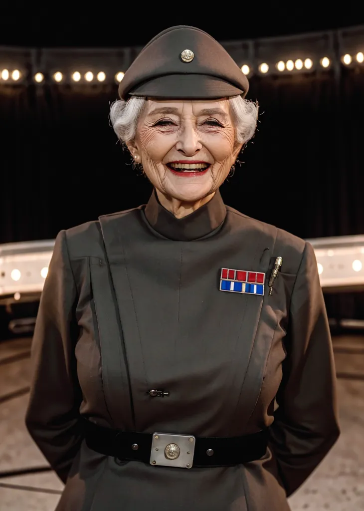 The image shows an elderly woman with short white hair in a grey military uniform with a black belt and a grey hat with a black brim. She has a friendly smile on her face and is looking at the camera. There are lights in the background.