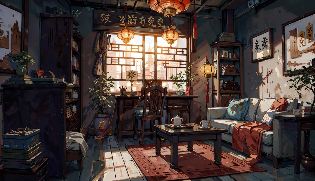 The image is a beautiful depiction of a traditional Chinese living room. The room is decorated with red lanterns, wooden furniture, and potted plants. There is a large window that lets in the sunlight. The overall effect is one of peace and tranquility.