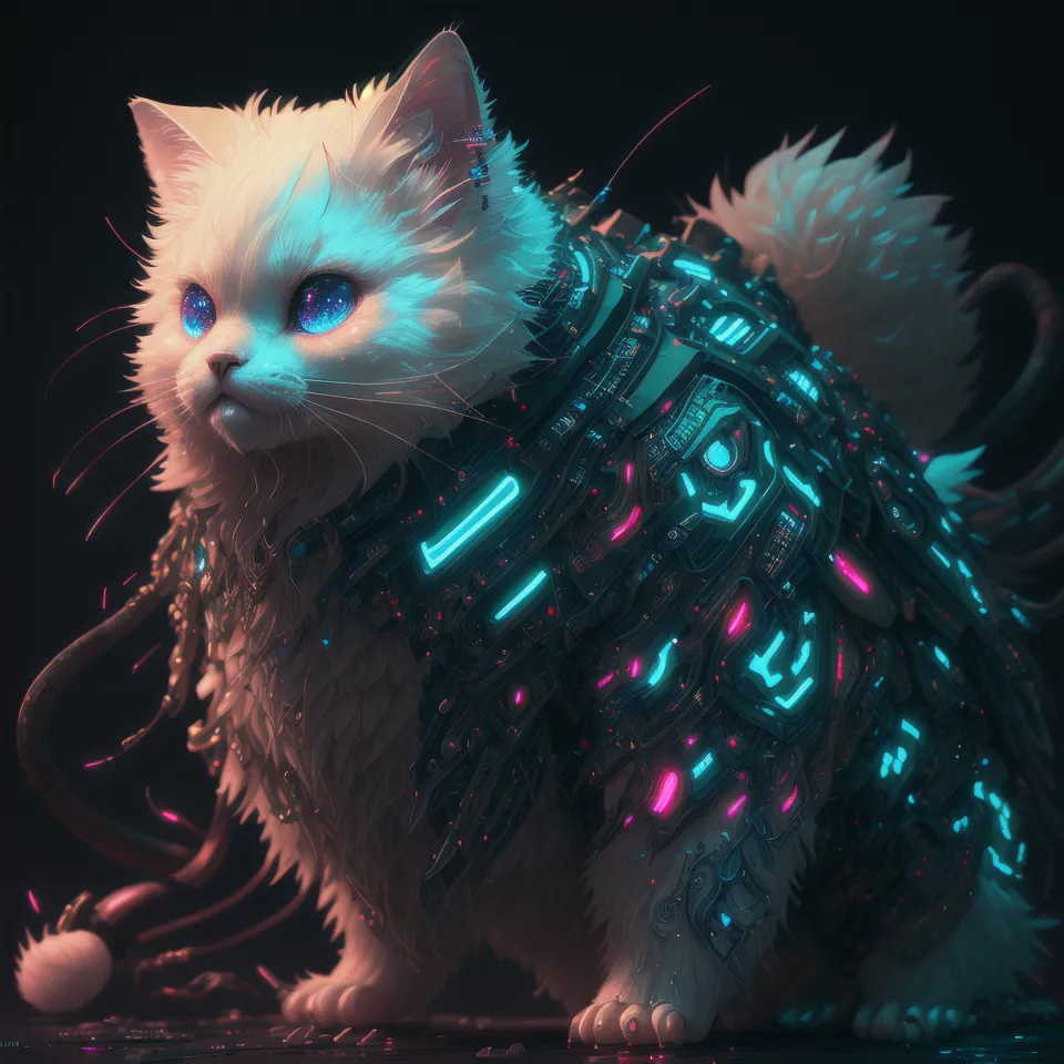 The image is a digital painting of a white cat wearing a black and blue cybernetic exoskeleton. The cat is sitting on a reflective surface, and there are several small, glowing objects floating around it. The cat's eyes are blue and they are glowing. The exoskeleton has several glowing blue and pink lines running through it, and there is a small, glowing blue orb attached to the cat's neck. The cat is looking at the viewer with a curious expression.