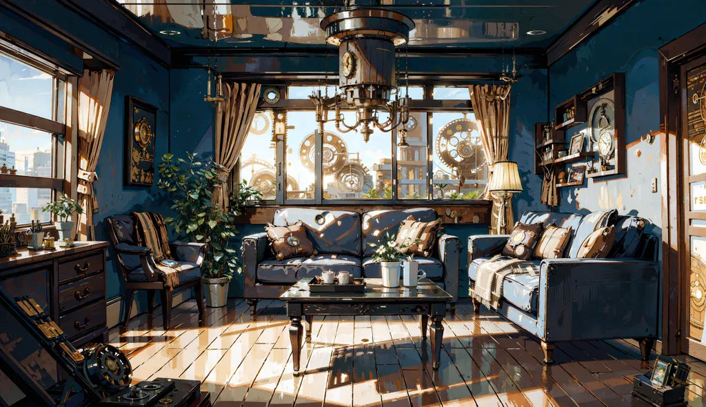 The image is a living room. The room is decorated in a steampunk style. There are many clocks and gears on the walls and ceiling. The furniture is made of wood and leather. There is a large window that looks out onto a city. There are two sofas, a coffee table, and several chairs in the room. There is a large clock on the wall behind the sofa.