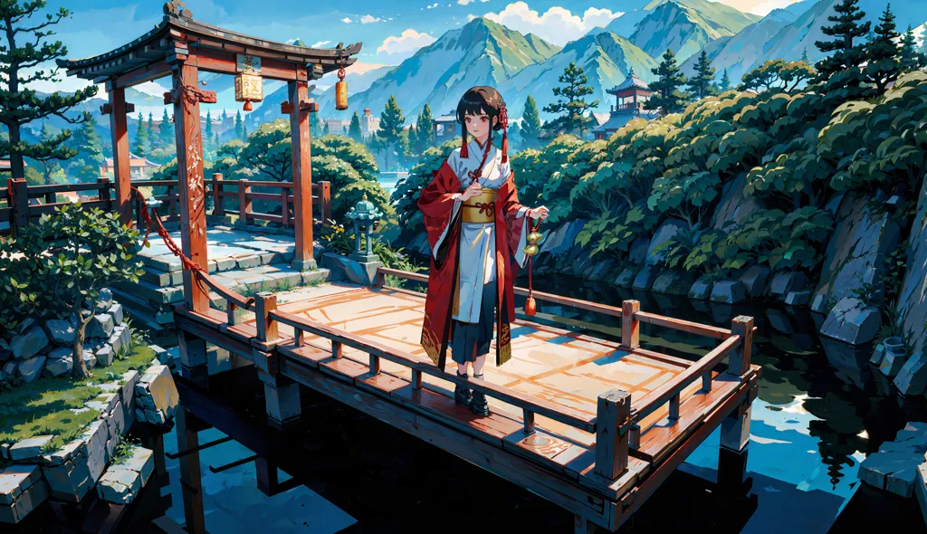 The image is of a young woman in a red kimono standing on a wooden bridge. The bridge is over a river and there are mountains in the background. The woman is holding a small bell. She has long brown hair and red eyes. She is wearing a traditional Japanese hairstyle. The bridge is made of wood and has a railing on either side. The river is flowing and there are trees and bushes on the banks. The mountains are in the distance and are covered in snow. The sky is blue and there are some clouds. The image is peaceful and serene.