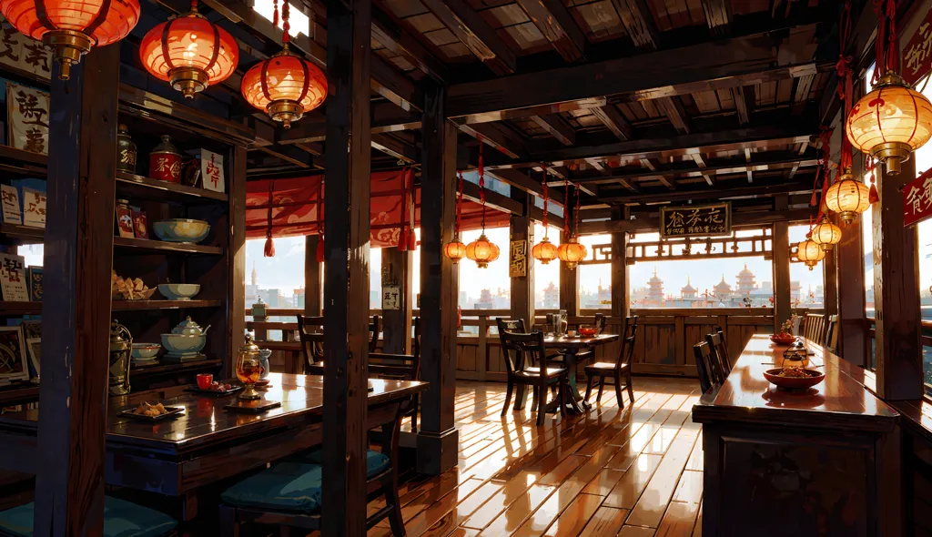 The image is a long, narrow room with a high ceiling. The room is furnished with several tables and chairs, as well as a counter. The walls are decorated with red lanterns and Chinese characters. There is also a balcony with a view of the city. The room is lit by the sun, which is shining through the windows.