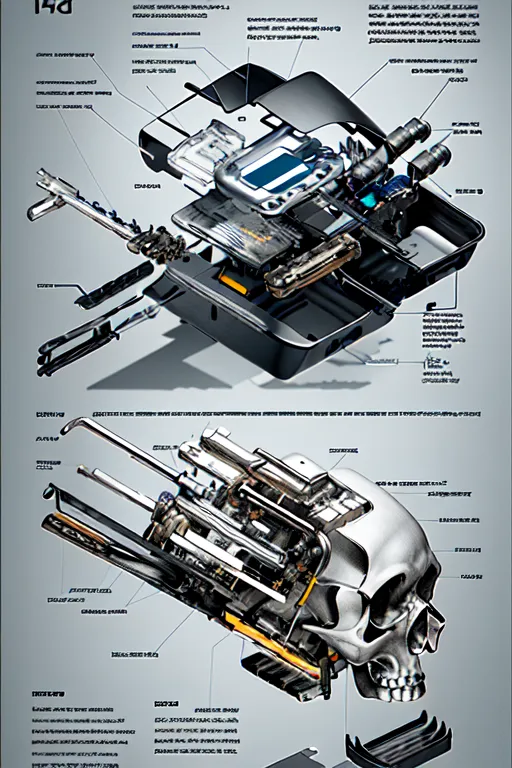 A imagem é um diagrama de um crânio humano e um laptop. O crânio está do lado direito da imagem e está rotulado com os nomes dos diferentes ossos do crânio. O laptop está do lado esquerdo da imagem e está rotulado com os nomes das diferentes partes do laptop. A imagem é desenhada em um estilo técnico e é muito detalhada.