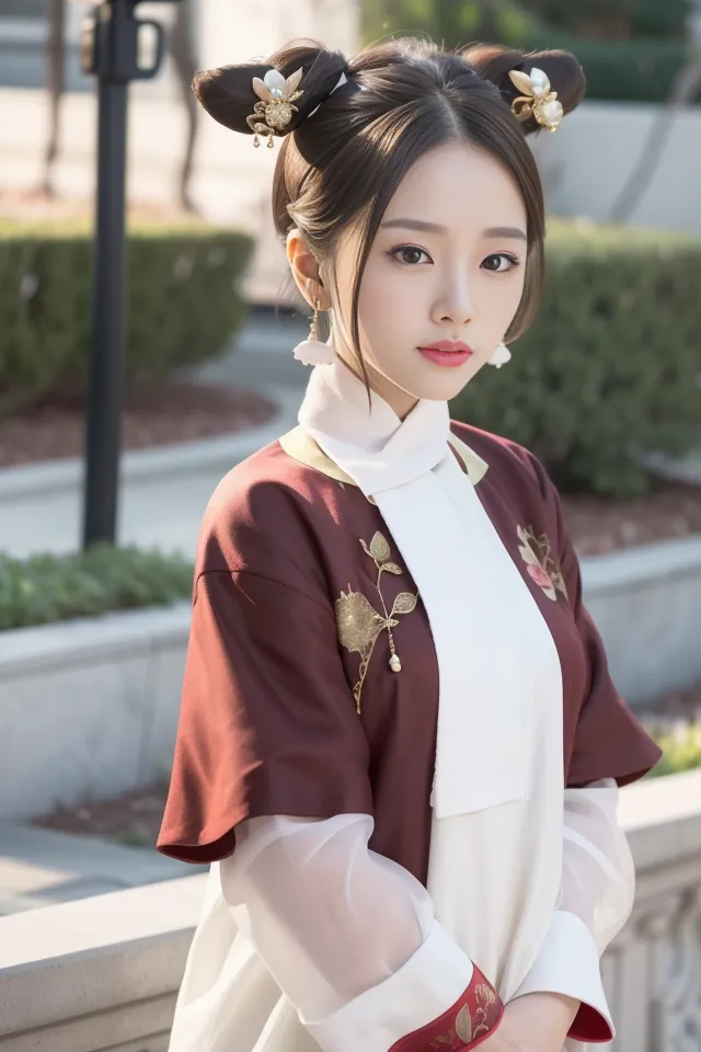 La imagen muestra a una mujer joven que lleva un vestido tradicional chino. El vestido es rojo y blanco con bordados intrincados. El cabello de la mujer está recogido en un moño y lleva joyas tradicionales chinas. El fondo es una imagen borrosa de un jardín chino.