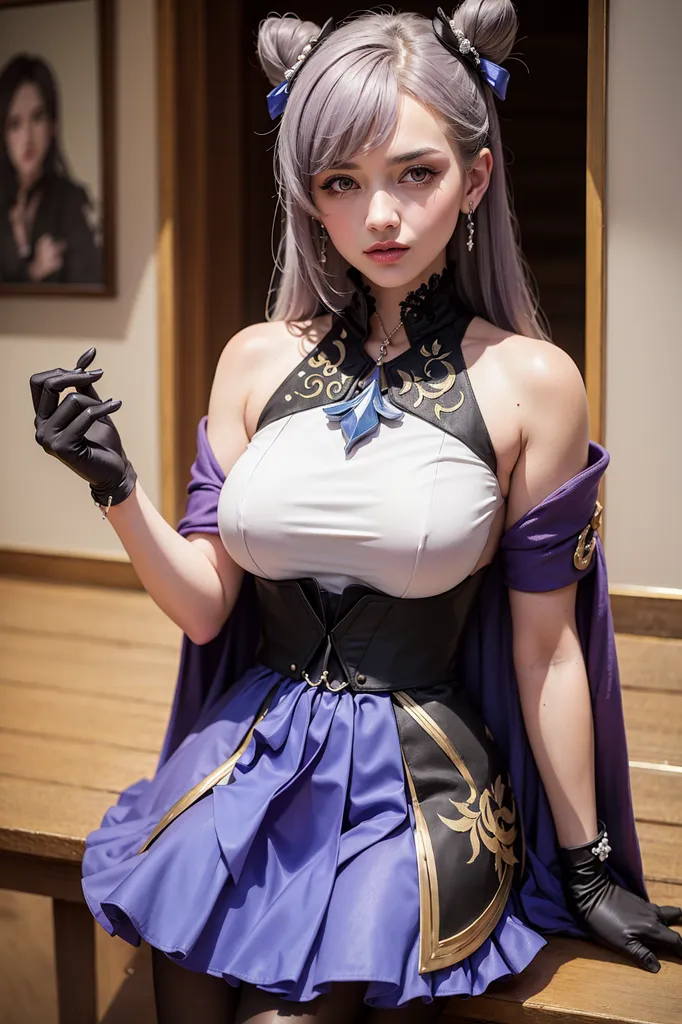 The image is of a beautiful young woman with long silver hair and purple eyes. She is wearing a white and purple dress with a corset and a black choker. She is also wearing black gloves and there is a painting of a woman on the wall behind her.