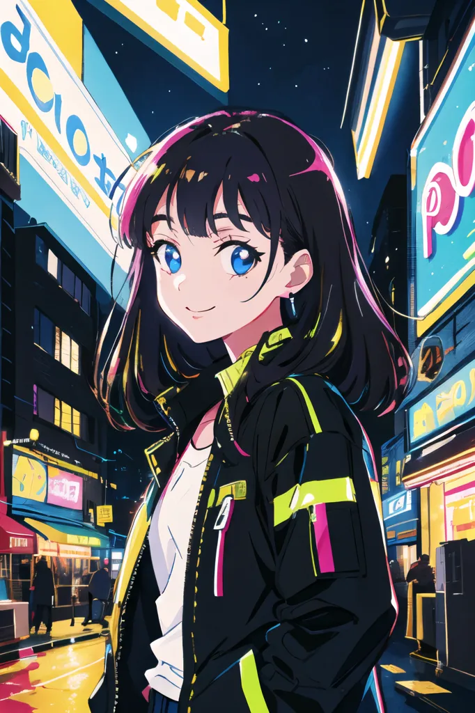 The image is a portrait of a young woman with long black hair and blue eyes. She is wearing a black jacket with green and yellow stripes. The background is a blurred cityscape at night with bright lights.