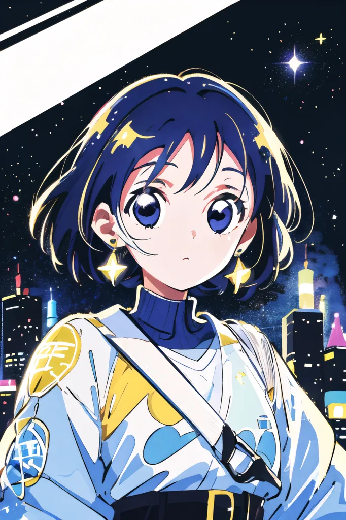 The image is a portrait of a young woman with short blue hair and large blue eyes. She is wearing a white and blue tracksuit with a yellow collar and a yellow and blue striped bag over her shoulder. She is standing in front of a city at night. The city is full of tall buildings and bright lights. The sky is dark and there are stars in the sky. The woman is looking at the camera with a serious expression on her face.