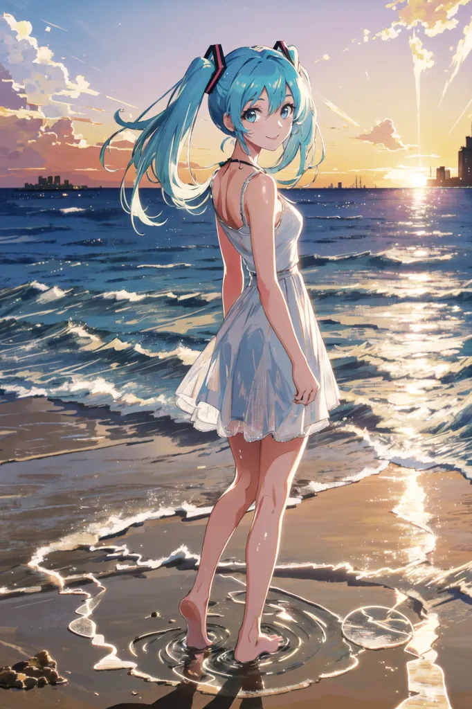 The image shows a young woman standing on the beach. She is wearing a white dress and has long blue hair. The sun is setting in the background and the waves are crashing on the shore. The woman is smiling and looks happy.