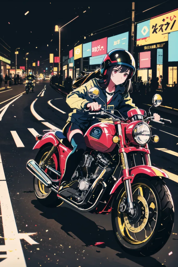 The image is a night scene of a girl riding a motorcycle. She is wearing a red and white helmet and a black jacket. The motorcycle is red and black. The girl is riding in the middle of the road with cars and buildings on either side. The road is lit by streetlights. The image is in an anime style.