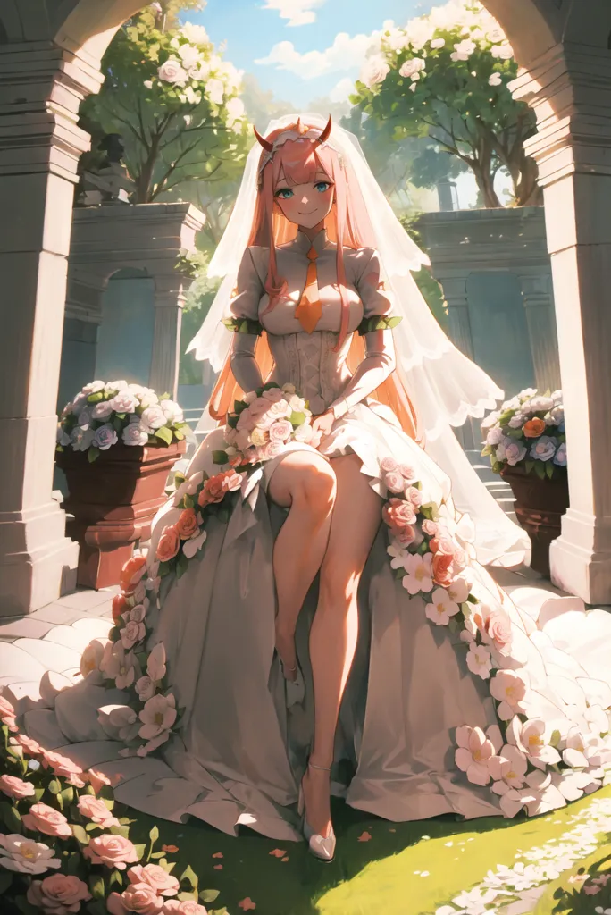 L'image représente une belle jeune fille d'anime aux longs cheveux roses et aux yeux bleus. Elle porte une robe de mariée blanche avec un long voile. La robe est décorée de fleurs roses et blanches. Elle est assise sur un banc de pierre dans un jardin. Il y a des arbres et des fleurs en arrière-plan. Le soleil brille brillamment. L'image est très détaillée et réaliste. L'artiste a utilisé une variété de couleurs pour créer une image magnifique et captivante.