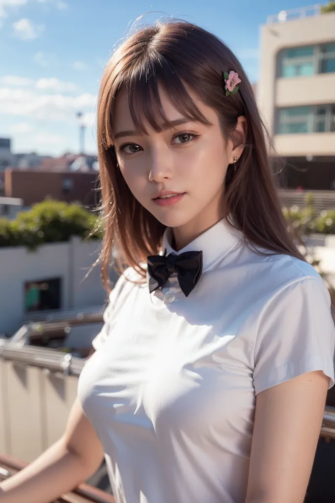 The image shows a young woman with long brown hair and bangs. She is wearing a white blouse with a black bow tie. There is a pink flower in her hair. She is standing on a rooftop with a blurred background of a city.