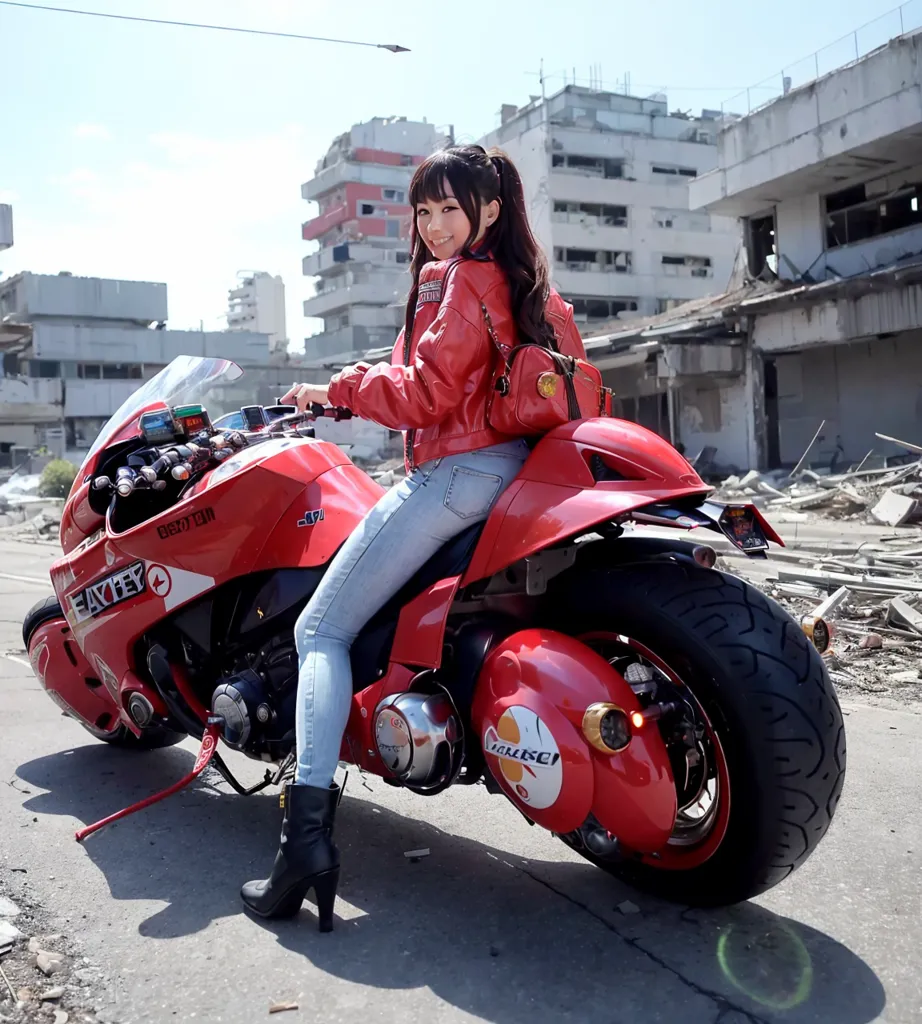 This is an image of a young woman sitting on a red motorcycle. She is wearing a red leather jacket, blue jeans, and black boots. The motorcycle is parked in a destroyed city. There are ruins of buildings in the background. The sky is blue, and the sun is shining.