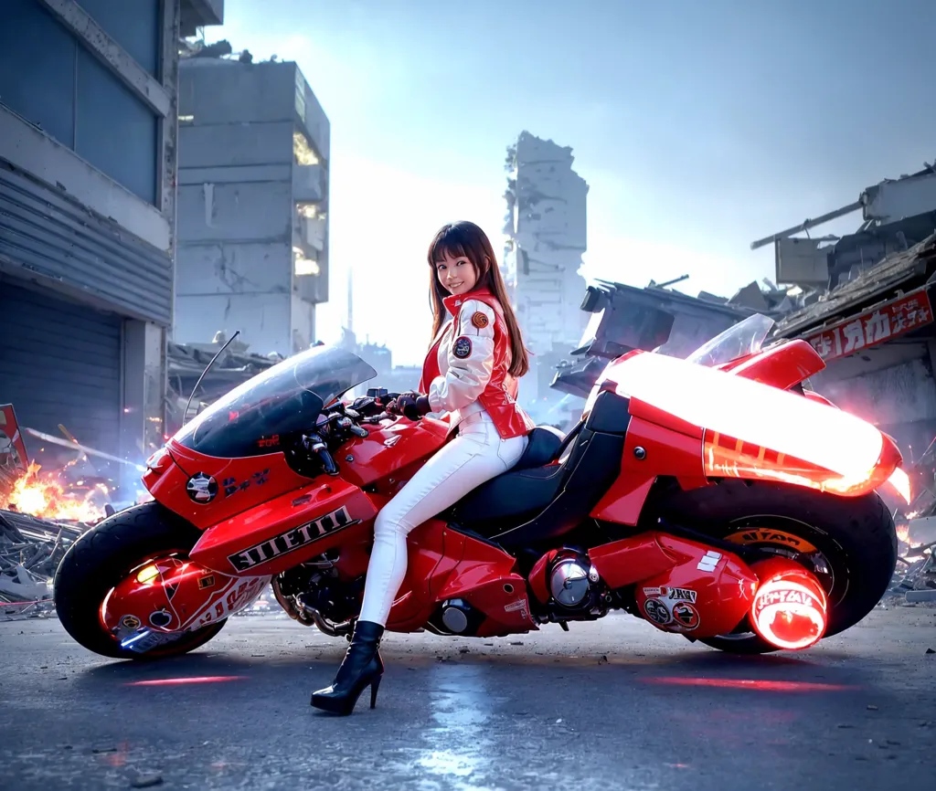 This is an image of a young woman sitting on a red motorcycle. She is wearing a white bodysuit and a red jacket. The motorcycle has a large engine and a sleek design. The woman is smiling and has her hair blowing in the wind. The background is a ruined city. There are buildings in the background that are destroyed and rubble on the ground.