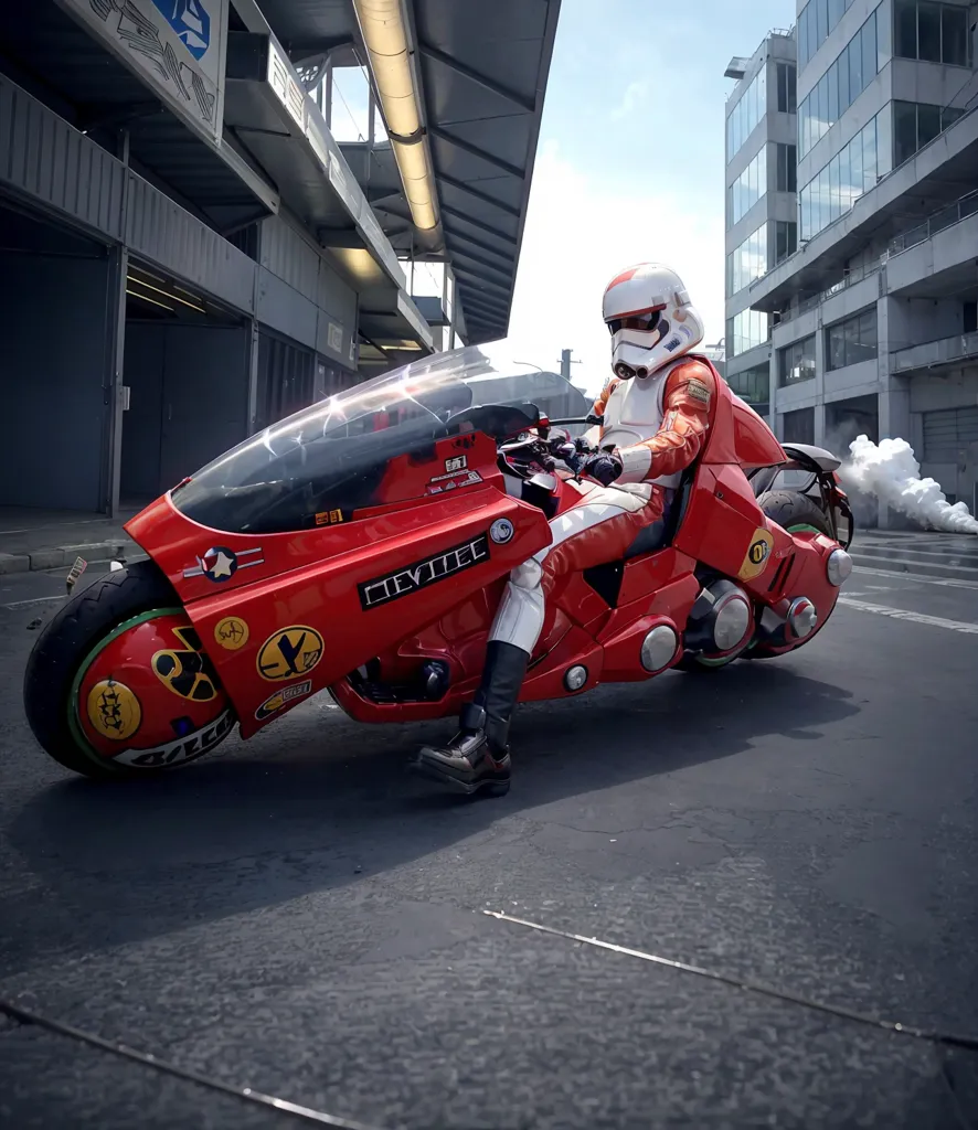 L'image montre un homme portant un casque de stormtrooper blanc et une veste en cuir rouge, assis sur une moto rouge. La moto a un pare-brise en bulle transparent et un gros moteur. L'homme est assis sur la moto, les pieds sur les repose-pieds et les mains sur le guidon. Il regarde droit devant lui. La moto est garée dans une rue de la ville, avec des bâtiments en arrière-plan. L'image est bien éclairée et les couleurs sont vives.