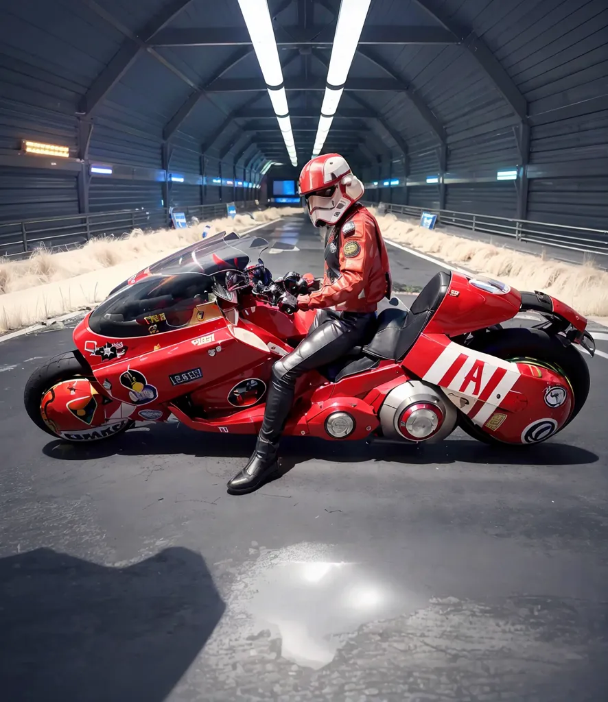 This is an image of a person in a red leather outfit and a white helmet riding a red and white motorcycle. The motorcycle has a large front fairing with a clear windshield, and a single headlight. The rider is wearing a red and white helmet with a visor, and a black backpack. The motorcycle is parked in a dark tunnel with graffiti on the walls. There is a bright light at the end of the tunnel.