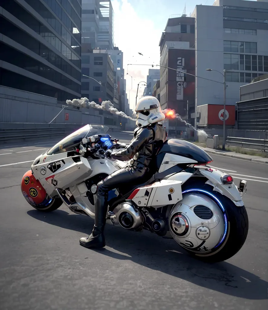 The image shows a person in a stormtrooper helmet riding a futuristic motorcycle. The motorcycle is white and has a large engine. The rider is wearing a black leather suit. The background of the image is a city with tall buildings. The sky is cloudy and there are some birds flying in the sky.