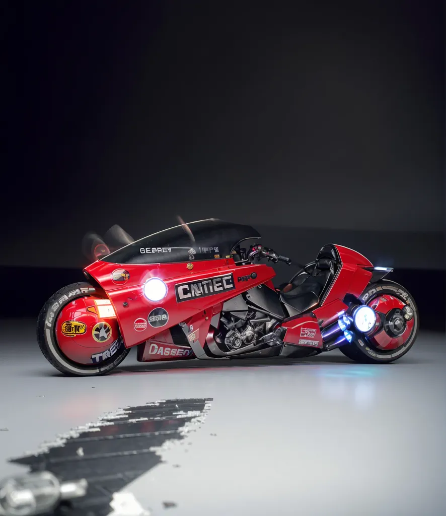 L'image montre une moto rouge et noire au design futuriste. Elle a une seule roue à l'avant et deux roues à l'arrière. La roue avant est recouverte d'un grand garde-boue. La moto a également un grand pare-brise et un petit siège. La moto est éclairée par une lumière vive, qui se reflète sur ses surfaces brillantes. La moto est posée sur une surface noire, entourée d'obscurité.