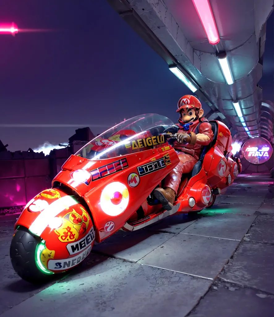 Mario is riding a futuristic motorcycle. He is wearing a red and blue outfit and a red helmet. The motorcycle is red and has a clear windshield. Mario is riding in a tunnel that is lit by pink and blue lights. There are buildings and structures on either side of the tunnel. The image is in a cyberpunk style.