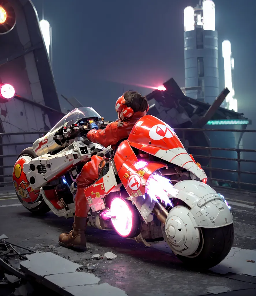 The image is a digital painting of a woman riding a motorcycle. The woman is wearing a red and white jumpsuit and a helmet. She is riding a futuristic motorcycle with a large engine and a single front wheel. The motorcycle is also red and white. The woman is riding in a city at night. The city is in ruins and there are large buildings and towers in the background. The woman is riding towards the viewer.