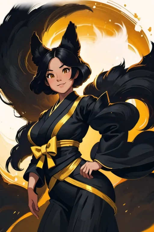 The picture shows a beautiful young woman with long black hair and fox ears. She is wearing a black kimono with a yellow obi. The woman has a confident smile on her face and is standing with one hand on her hip. Her fox tail is curled around her other arm. The background of the picture is a bright yellow.