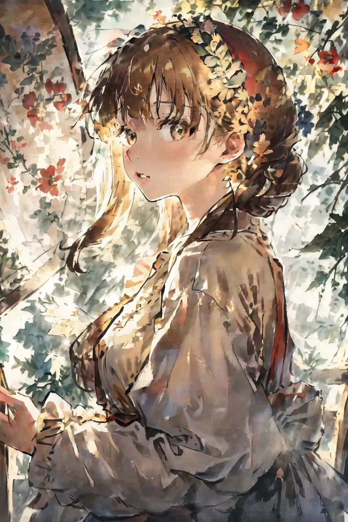 The image is a painting of a young woman. She has long brown hair, and her eyes are closed. She is wearing a white kimono with a floral pattern. The background is a blur of green and white. The painting has a soft, dreamy feel to it.