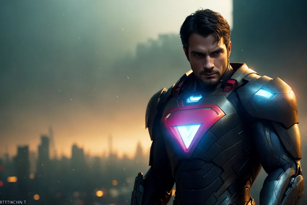 This is an image of a superhero. He is wearing a black and silver suit of armor. The suit has a red and blue triangle on the chest. The superhero is looking at the viewer with a serious expression. There is a city in the background.