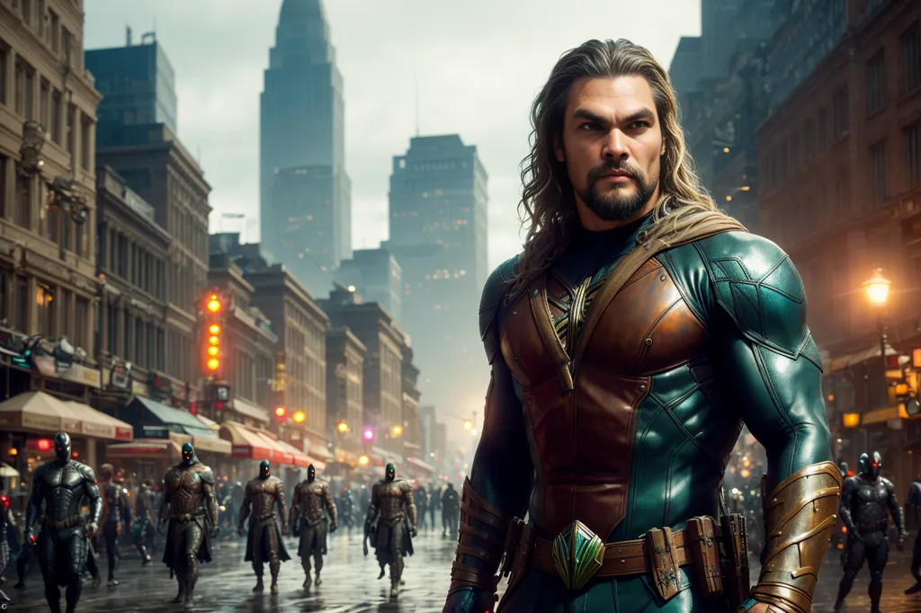 This is an image of Aquaman, a superhero from DC Comics. He is standing in a flooded city street, surrounded by tall buildings. He is wearing a green and gold costume and has a trident in his hand. He is looking at the camera with a determined expression. There are several armed soldiers in the background.