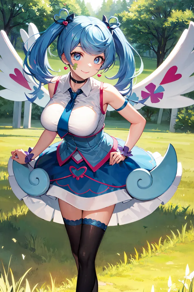 The image is an anime-style drawing of a young woman with long, blue hair and green eyes. She is wearing a white and blue dress with a pink bow and has a pair of white wings with pink hearts on them. She is standing in a field of green grass and there are trees in the background.