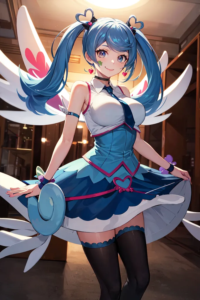 Esta es una imagen de una chica de anime con el cabello azul largo y ojos rosados. Lleva un vestido blanco y azul con una corbata azul y un sombrero azul. Tiene alas blancas y rosadas y está rodeada de corazones rosados. Está de pie en una habitación con un piso de madera y paredes blancas.