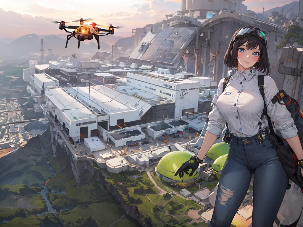 The image is a post-apocalyptic cityscape. A young woman is standing on a rooftop, looking out over the ruined city. She is wearing a white shirt, blue jeans, and a black jacket. She has a gun in her hand. In the background, there are large buildings, many of which are in ruins. There is a large drone flying in the air. The sky is orange.