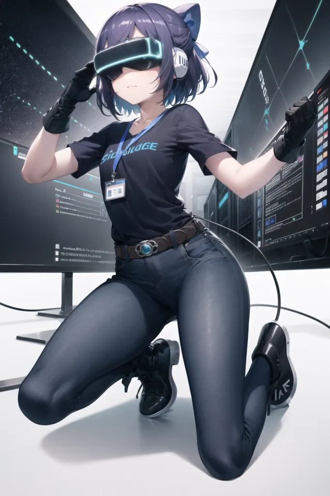 The image shows a young woman with purple hair and blue eyes. She is wearing a black t-shirt, blue jeans, and a pair of black sneakers. She is also wearing a pair of black gloves and a pair of headphones. She is kneeling on the ground in front of a large computer server. She has her hands on the server and is looking at the screen. There are several other computers in the background.