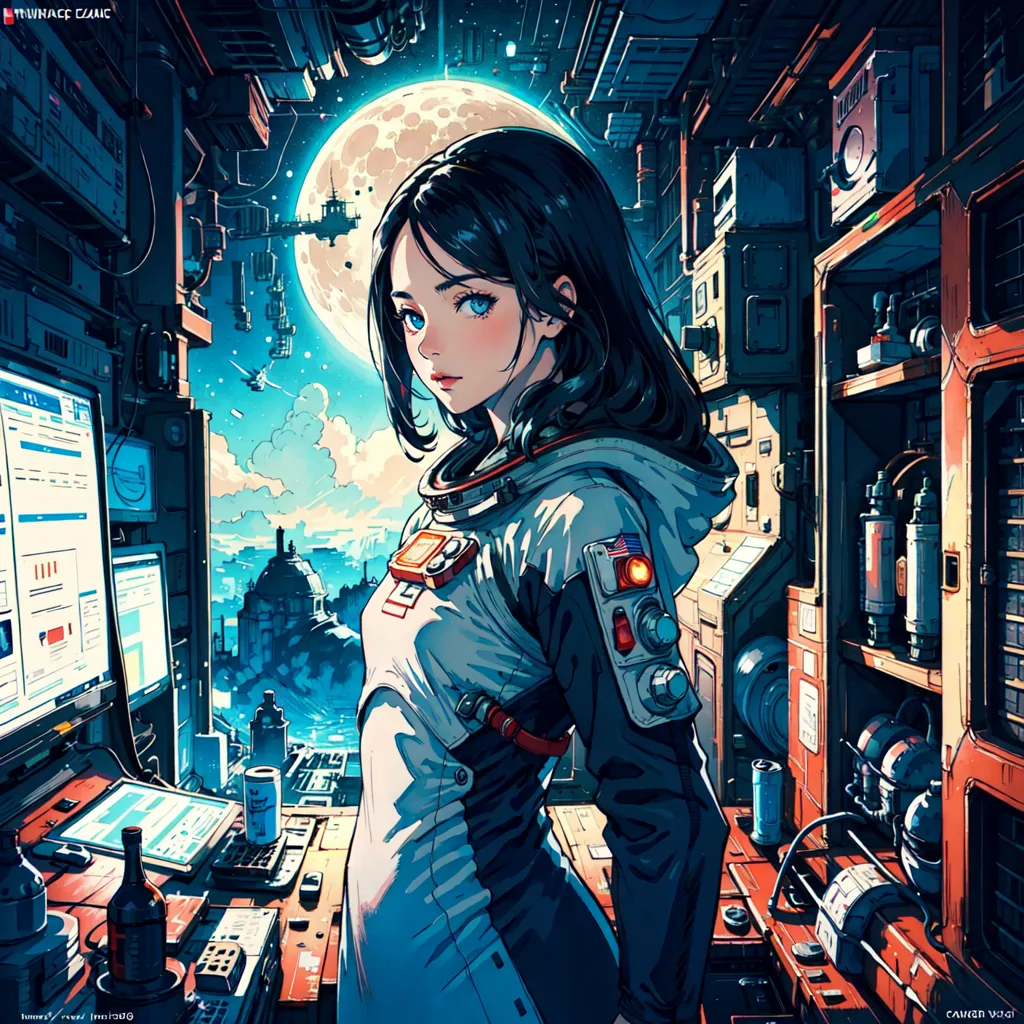 Esta es una imagen de una niña joven de pie en una habitación futurista. Ella está usando un traje espacial blanco y azul con un parche rojo y blanco en su hombro que tiene la bandera estadounidense. Hay computadoras y otros equipos electrónicos a su alrededor. Una ventana grande detrás de ella muestra una vista de la luna y una ciudad a lo lejos.