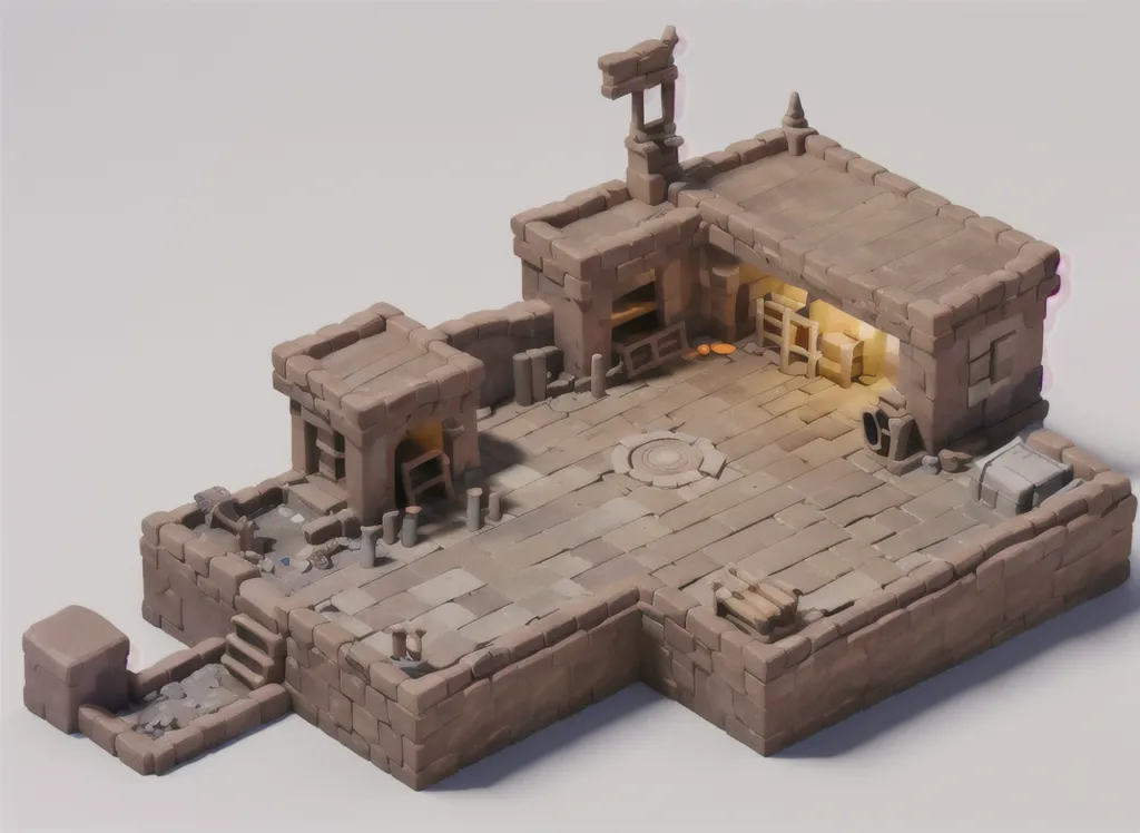 The image shows a ruined house. The house is made of stone. The roof is caved in. There is a hole in the wall. There is a fireplace in the corner. There is a table in the middle of the room. There is a chest on the table. There is a sword on the floor. There is a skeleton in the corner.