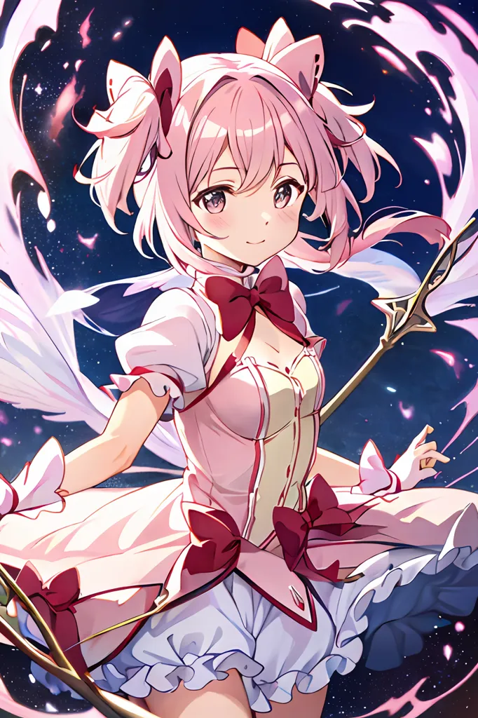 The image is of a magical girl with pink hair and pink and white dress. She is standing in a starry night sky with a determined expression on her face. She is holding a magical staff in her right hand and has a large pink bow in her hair. She is wearing a white and pink frilly dress with a large red bow on the chest. She also has white boots and pink gloves.