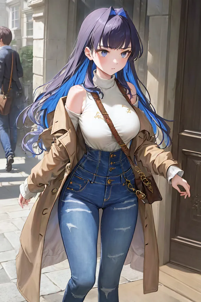 The image is of a young woman with long purple hair and blue eyes. She is wearing a white turtleneck sweater, a brown coat, and blue jeans. She is also carrying a brown handbag. The woman is standing in front of a door, and there is a man walking in the background. The image is drawn in a realistic style, and the colors are vibrant and lifelike.