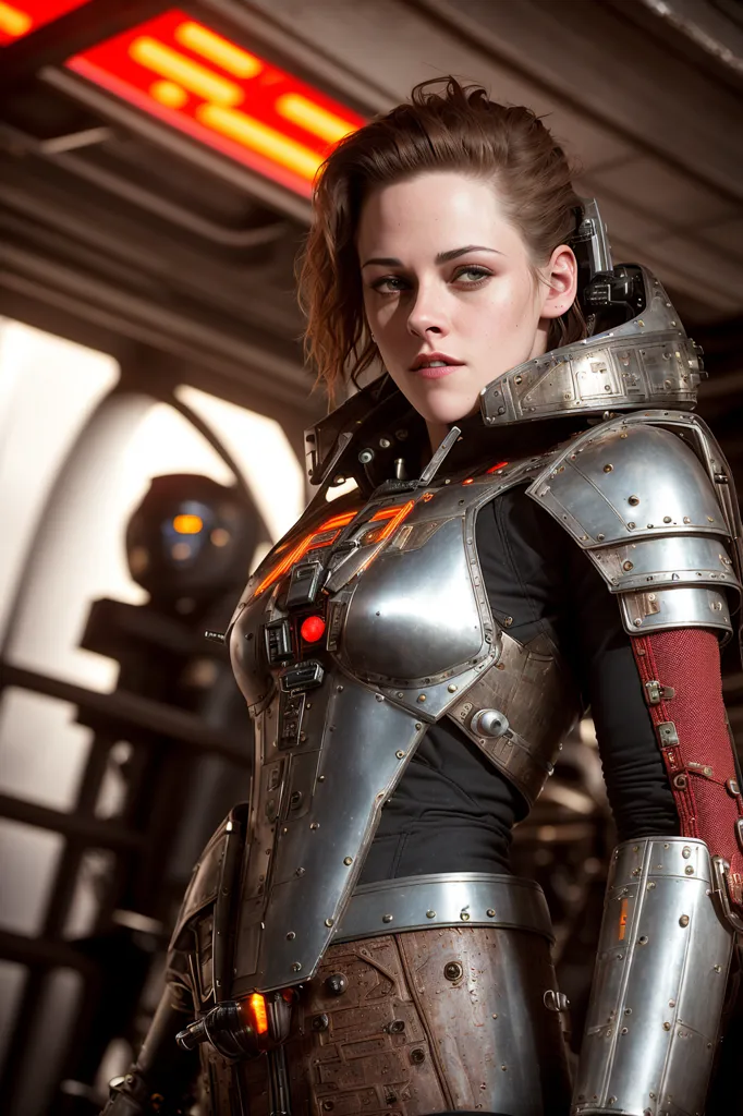 The image shows a young woman, probably in her 20s, dressed in a futuristic armor. The armor is made of metal and has a silver color. The woman is standing in a dark room, with a red light in the background. She is looking at the camera with a serious expression. She has short brown hair.