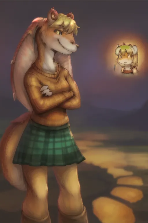 L'image représente une créature de type renard de dessin animé avec de longues oreilles pointues et une queue touffue. Elle porte un pull marron et une jupe écossaise verte. Elle se tient dans un champ d'herbe, et il y a une version plus petite et lumineuse d'elle-même dans le coin supérieur droit de l'image.