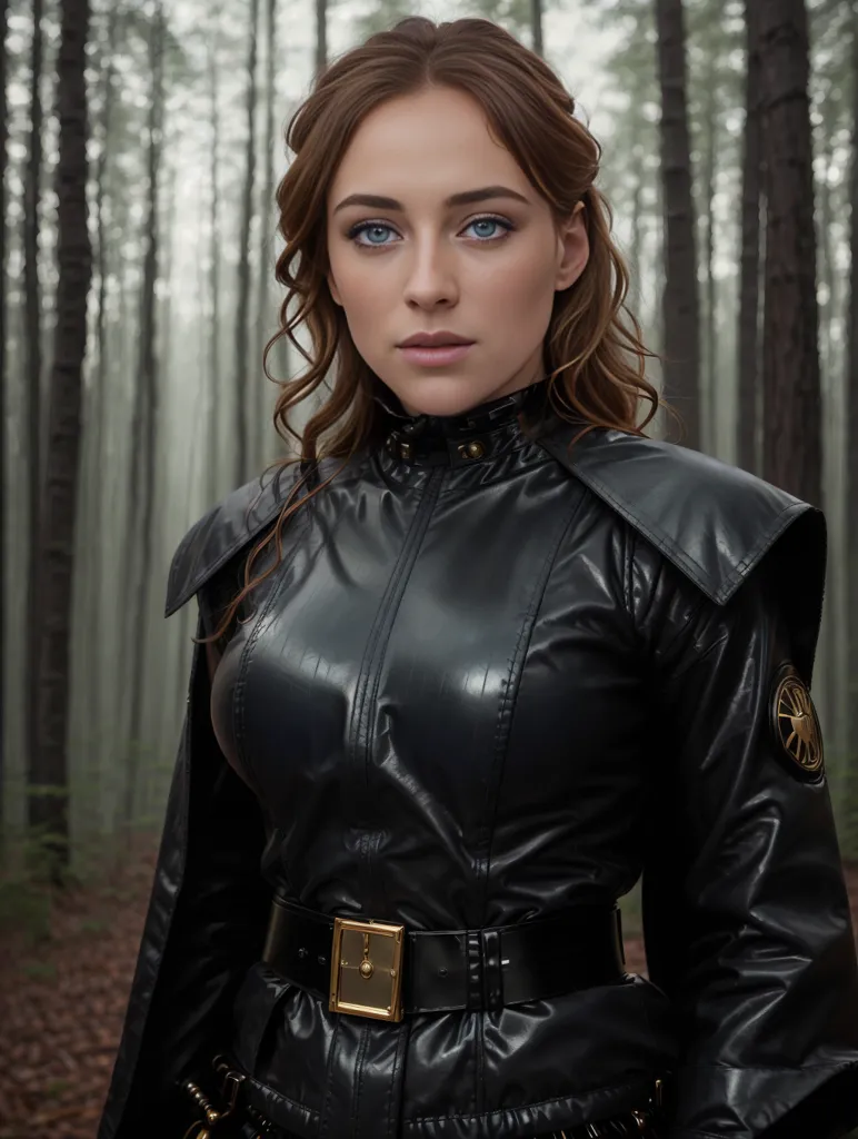 The image is of a young woman, probably in her early 20s, with long, wavy brown hair and blue eyes. She is wearing a black leather jacket with a gold button and a brown belt with a gold buckle. The jacket has a high collar and shoulder pads. She is also wearing a black cape with a gold clasp. The background is a dark forest, with tall trees and a thick canopy. The woman is standing in a clearing, and she is looking at the camera with a serious expression.