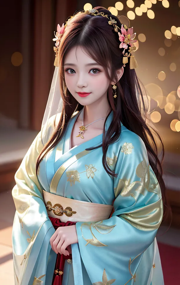 The image shows a young woman wearing a blue and gold hanfu. The hanfu is decorated with intricate patterns and has a long flowing skirt. The woman's hair is long and black, and she is wearing a number of hair accessories. She is also wearing a necklace and earrings. The woman is standing in a courtyard, and there are a number of lanterns hanging in the background.