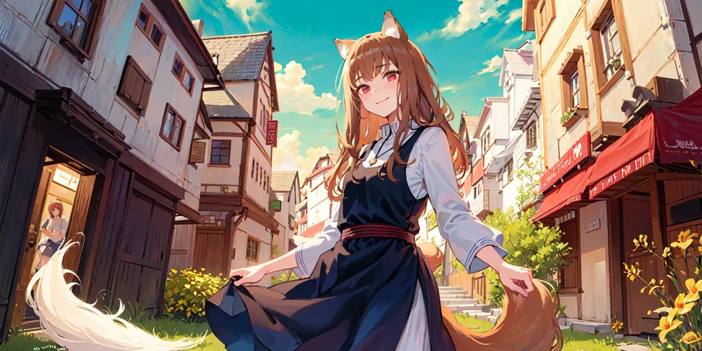 The image is an anime-style drawing of a girl with wolf ears and a tail. She is wearing a white blouse, a brown skirt, and a red scarf. She is standing in a European-style town with half-timbered houses and cobblestone streets. The girl has a happy expression on her face and is surrounded by flowers.