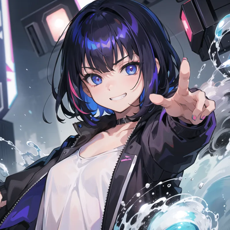 The image is a painting of a young woman with short blue hair. She is wearing a white tank top and a black jacket. She has a confident smile on her face and is pointing her finger at the viewer. There is water splashing around her. The background is a blurred cityscape.