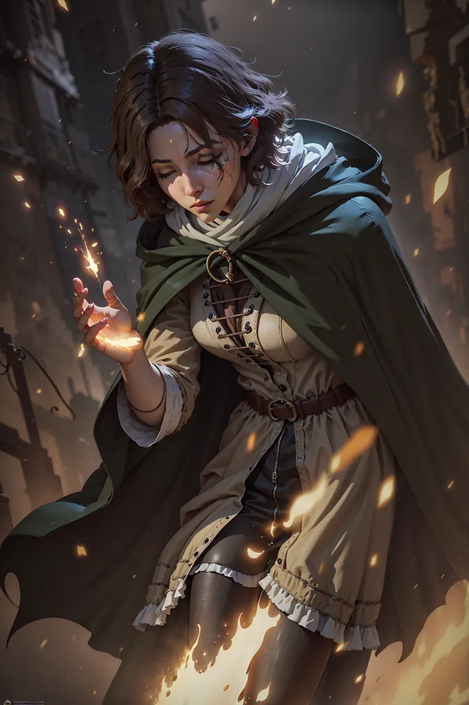 The image is of a young woman with brown hair and green eyes. She is wearing a brown cloak and a white dress. She is holding a small flame in her hand. The background is dark and there are ruins in the distance. The woman is looking at the flame with a sad expression on her face.