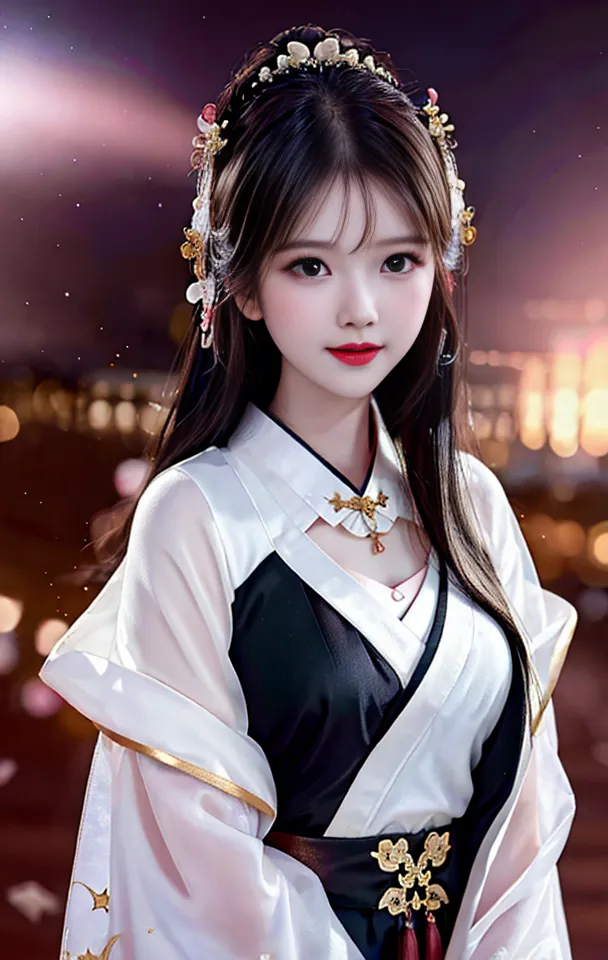 A imagem mostra uma jovem mulher com cabelos pretos longos e franja. Ela está usando um vestido tradicional chinês com uma parte superior branca e preta e uma saia branca longa. O vestido é decorado com detalhes em ouro e prata. Ela também está usando um colar e um adereço para o cabelo. O fundo é uma cidade desfocada à noite.