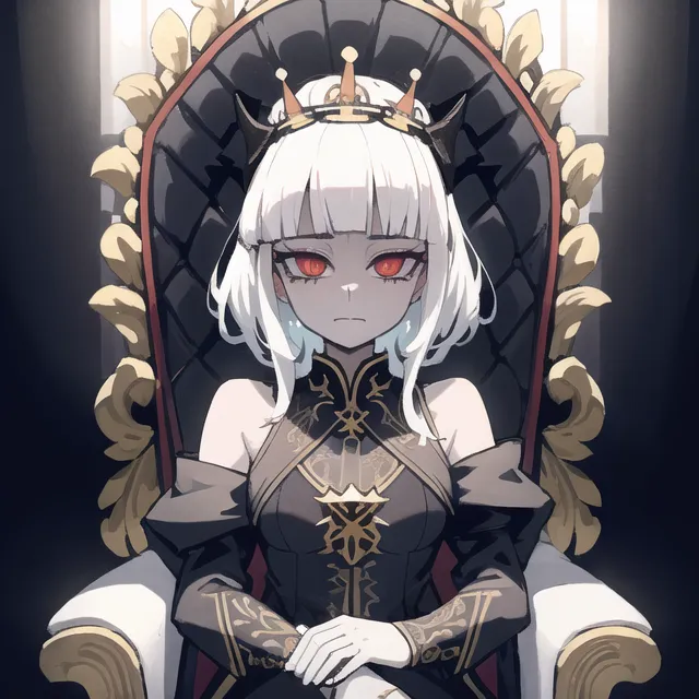 L'image représente une jeune fille de style anime aux cheveux blancs et aux yeux rouges. Elle porte une robe noire avec un col blanc et une couronne sur la tête. Elle est assise sur un trône avec un coussin rouge et regarde le spectateur avec une expression sérieuse. L'arrière-plan est de couleur sombre avec une source de lumière provenant du coin supérieur droit.